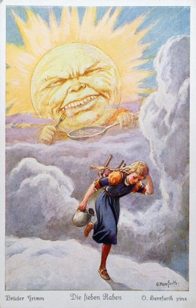 The young girl on her journey to rescue her brothers, flees from the extreme heat of the sun, who threatens to cook and eat her, illustration from The Seven Ravens by the Grimm Brothers by Oskar Herrfurth